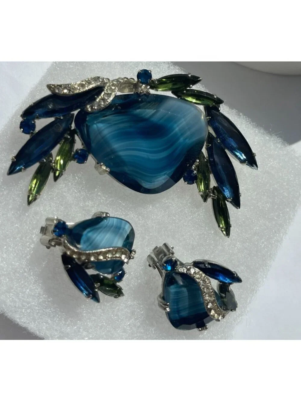 Vtg Blue Glass Givre & Navette Open Back Stones Rhinestone Brooch & Clip-On Earr